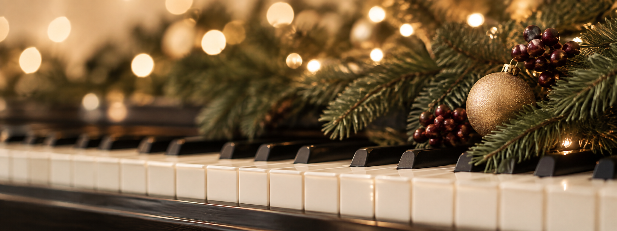 Piano decorated with evergreen branches and warm Christmas lights